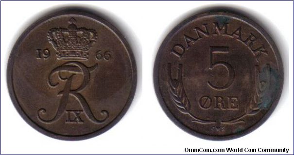 Denmark, 5 Ore, c-s, 1966