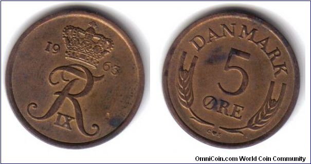 Denmark, 5 Ore, c-s, 1963
