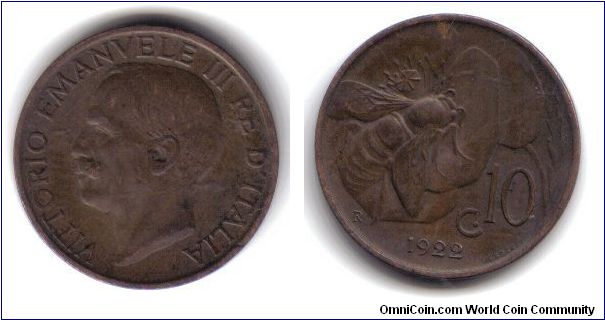 Italy, 10 Centesimi, 'R', 1922