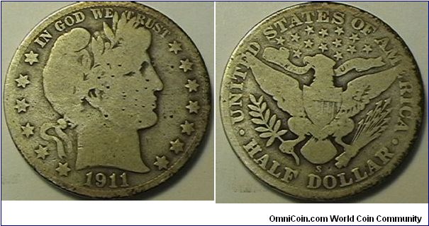 1911-S Barber Half Dollar, .900 silver, .3618 oz ASW, G-6