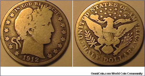 1912-D Barber Half Dollar, .900 silver, .3618 oz ASW, G-6