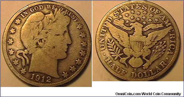 1912-S Barber Half Dollar, .900 silver, .3618 oz ASW, VG-8