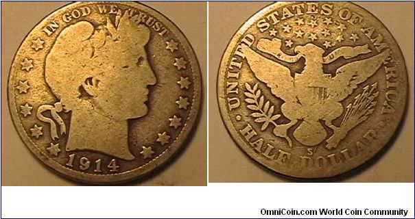 1914-S Barber Half Dollar, .900 silver,.3618 oz ASW, G-4