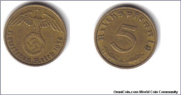 Germany 3rd Reich, 5 Reichspfennig, 'A', 1938