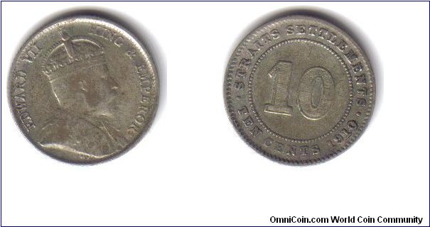 Straits Settlements, 10 Cents, Silver, 1910, Mintage - 1.657 million