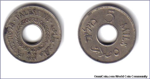 Palestine, 5 Mils, 1939