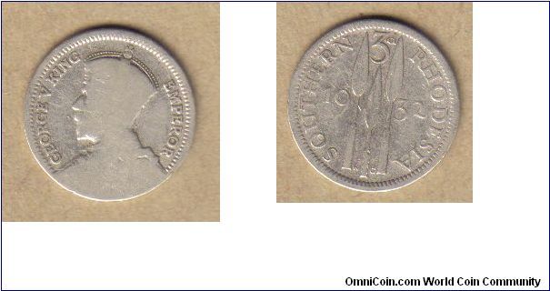 Southern Rhodesia, 3 Pence, 1932, 0.925 Silver, Mintage - 566,000