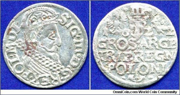 3 groshes (Trojak).
Rechpospolita.
Sigismund III (1587-1632) Vasa.
 Krakov mint.
 Sign of Great Crowned Podskarbiy (emblem 'SAS') Nicholas Danilovich in 1616-24.


Ag~825f. 1,88gr.