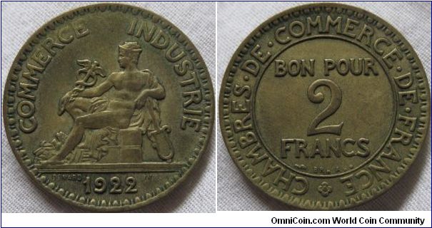 EF 1922 2 franc EF lustrous worn dye