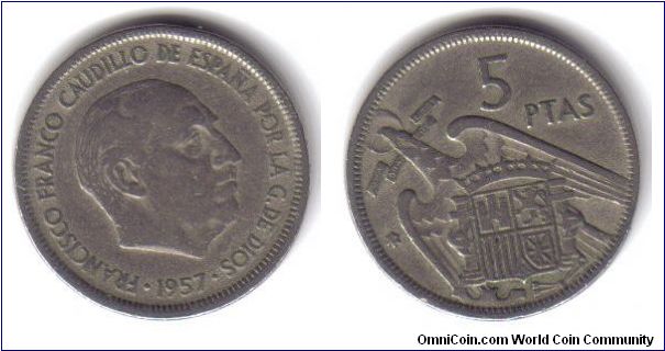 Spain, Franco, 5 Pesetas, '58' inside star, 1957