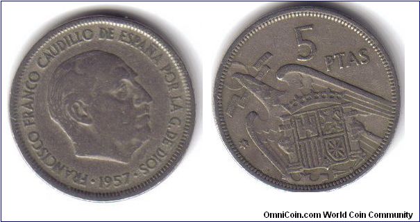 Spain, Franco, 5 Pesetas, '68' inside star, 1957