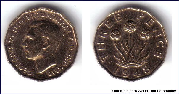 Great Britian, 3 Pence, Brass, 1948