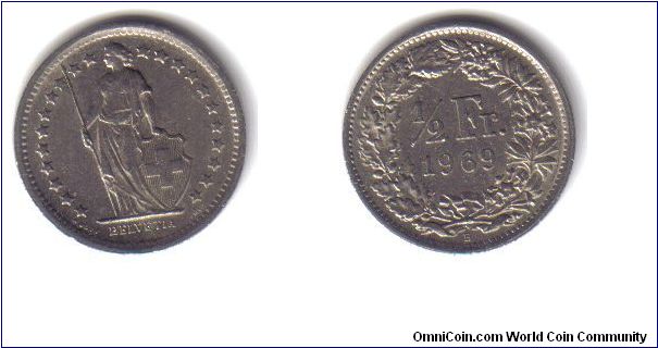 Switzerland, 1/2 Franc, 'B', 1969