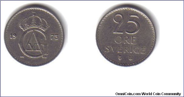 Sweden, 25 Ore, 'U', 1973