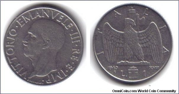 Italy, 1 Lire, 'R', Non-Metallic, 1940