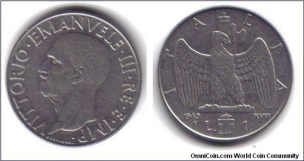 Italy, 1 Lire, 'R', Non-Metallic, 1940