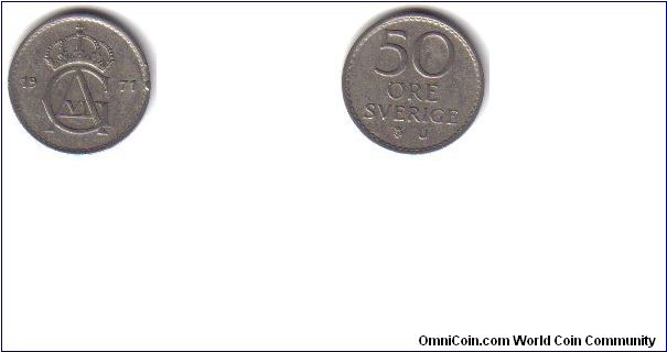 Sweden, 50 Ore, 'U', 1971