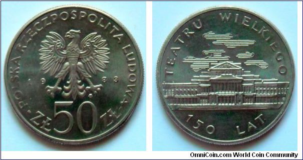 50 zlotych.
1983, 150 years of Great Theatre (Warsaw)
Cu-ni.Weight 11,7. Diameter 30,5mm.
Mintage 615.000 units.