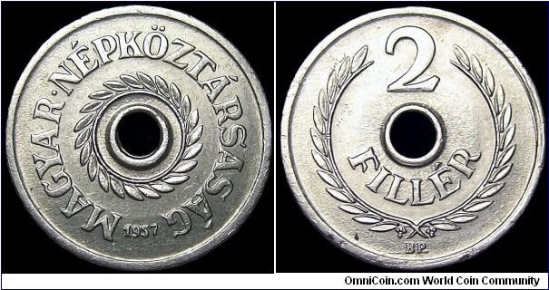 Hungary - 2 Filler - 1957 - Weight 0,65 gr - Aluminum - Size 18 mm - Mintage 5 000 000 - Edge : Plain - Reference KM# 546