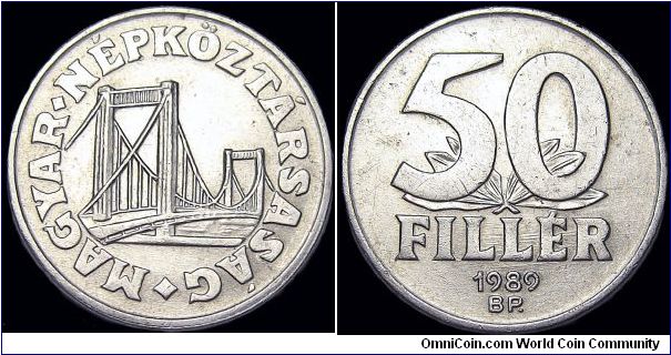 Hungary - 50 Filler - 1989 - Weight 1,2 gr - Aluminum - Size 21,5 mm - Subject / Elizabeth bridge i Budapest - Mintage 18 20 000 - Edge : Plain - Reference KM# 574