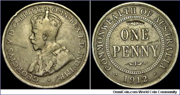 Australia - 1 Penny - 1912 - Weight 9,1 gr - Bronze - Size 30,5 mm - Ruler / George V - Designer / E.B. Mac Kennal - Mintage 3 600 000 - Edge : Plain - Reference KM# 23
