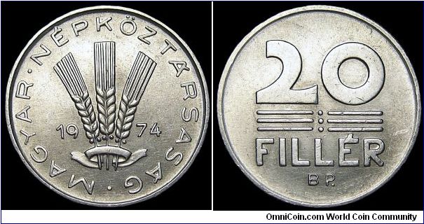 Hungary - 20 Filler - 1974 - Weight 0,9 gr - Aluminum - Size 20,4 mm - Mintage 35 010 000 - Edge : Reeded - Reference KM# 573