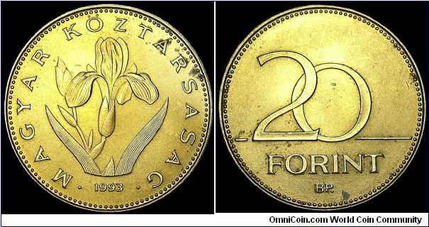 Hungary - 20 Forint - 1993 - Weight 6,9 gr - Nickel / Brass - Size 26,3 mm - Obverse / Hungarian Iris - Mintage 42 965 000 - Edge : Reeded - Reference KM# 696