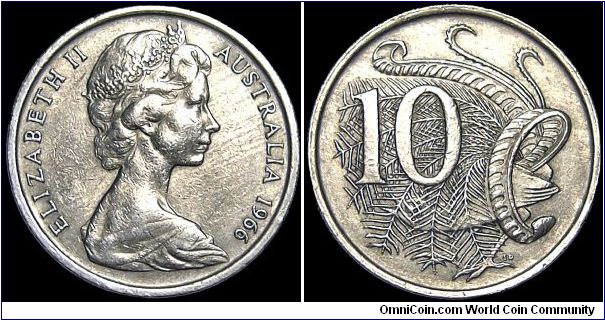 Australia - 10 Cents - 1966 - Weight 5,65 gr - Copper / Nickel - Size 23,6 mm - Ruler / Elizabeth II - Designer Obverse / Arnold Machin - Designer Reverse / Stuart Devlin - MIntage 10 984 000 - Edge : Plain - Reference KM# 65