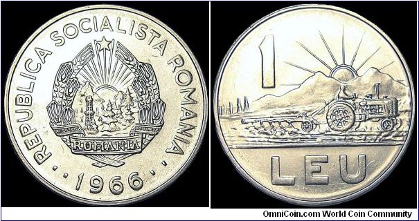 Romania - 1 Leu - 1966 - Weight 5,06 gr - Nickel clad steel - Size 24,6 mm - President / Chivu Stoica - Designer / H. Ionescu - Edge : Plain - Reference KM# 95