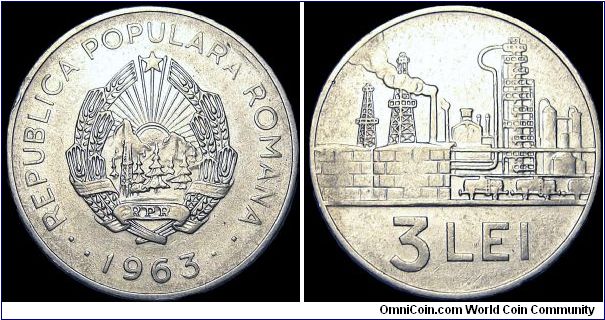 Romania - 3 Lei - 1963 - Weight 5,86 gr - Nickel clad steel - Size 27 mm - President / Gheorghe Gheorghiu-Dej - Designer / H. Ionescu - Edge : Plain - Reference KM# 91