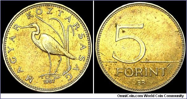 Hungary - 5 Forint - 1997 - Weight 4,2 gr - Brass - Size 21,5 mm - Mintage 20 007 000 - Edge : Plain - Reference KM# 694