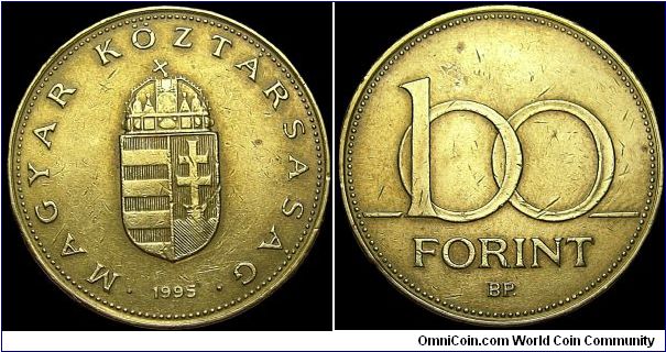 Hungary - 100 Forint (Szaz) - 1995 - Weight 9,4 gr - Brass - Size 29,4 mm - Mintage 27 485 000 - Edge : Special - Reference KM# 698