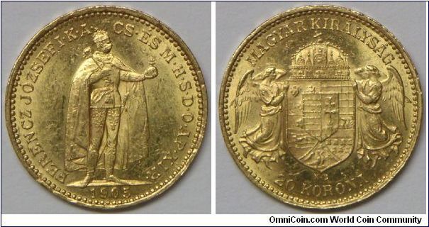 Franz Joseph I, 20 Korona, 1905KB. 6.78g, 0.9000 Gold, .1960 Oz. AGW. Mintage: 353,000 units. BU. [SOLD]