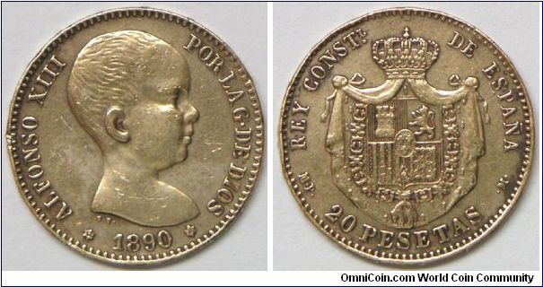 Alfonso XIII 20 Pesetas 1890, 6.35g, 0.9000 Gold, .1867 oz. AGW. Rim nick. About EF. [SOLD]