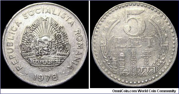 Romania - 5 Lei - 1978 - Weight 2,8 gr - Aluminum - Size 29 mm - President / Nicolae Ceausescu - Edge : Security - Reference KM# 97