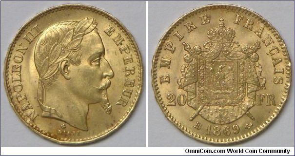 Second Empire: Emperor Napoleon III, 20 Francs, 1869BB. 6.42g, 0.9000 Gold, .1867 Oz. AGW. Mintage: 2,923,000 units. Mint: Strasbourg. Mintage: 7,317,000 units. Choice BU. [SOLD]