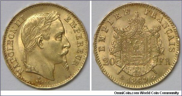 Second Empire: Emperor Napoleon III, 20 Francs, 1869BB. 6.42g, 0.9000 Gold, .1867 Oz. AGW. Mintage: 2,923,000 units. Mint: Strasbourg. Mintage: 7,317,000 units. Choice BU. [SOLD]