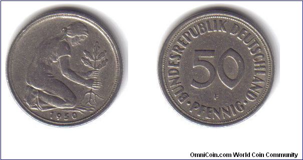 Germany, 50 Pfennig, 'F', 1950
