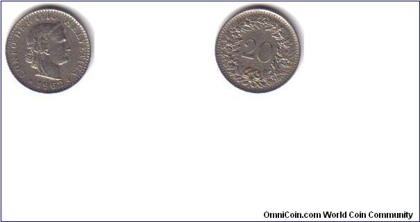 Switzerland, 20 Rappen, 'B' 1962