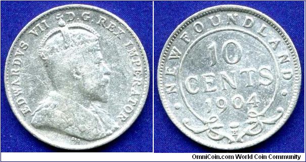 10 cents.
*NEWFOUNDLAND*.
Edward VII (1901-1910).
'H' - Heaton mint, Birmingham.
Mintage 100,000 units.


Ag925f. 2,35gr.