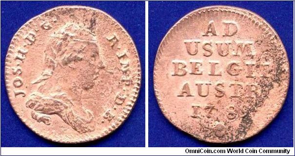 1 liard.
Austrian Belgium.
Ioseph II (1765-1790) Emperor of Holy Roman Empire.
Mintage 655,000 units.


Cu.