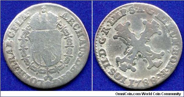 10 liards.
Austrian Belgium.
Ioseph II (1765-1790) Emperor of Holy Roman Empire.
Brussel mint.
Mintage 206,000 units.


Bilon.