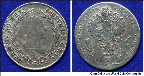 10 kreuzer.
Ioseph II (1765-1790) Emperor of Holy Roman Empire.
'B' - Kremnitz mint.


Ag500f. 3,9gr.
