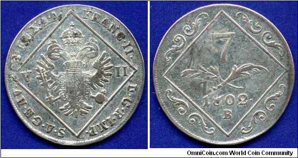 7 kreuzer.
Overstruck on 1795 dated 12 kreuzer pieces.
'B'- Kremnitz mint.
Mintage 102,032,000 units.


Ag250f. 4,68gr.