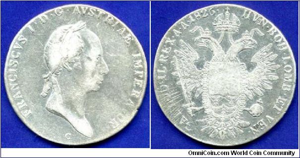1 Thaler.
Austrian Empire.
Francisc I (1805-1835).
'C' - Prague mint.


Ag833f. 28,06gr.