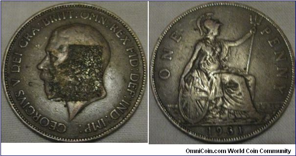 1931 penny, fine grade, sadly ruined on obverse, looks to have been stuck to something at some stage
