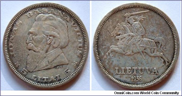 5 litai.
1936, Jonas Basanavicius (1851-1927) Ag 750.
Weight 9,00g.
Diameter 27,00mm.
Mintage 2.612.000 units.