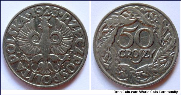 50 groszy.
1923, Nickel.
Weight 5g. Diameter 23mm. Mintage 100.000.000 units.