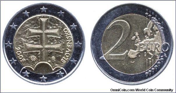 Slovakia, 2 euros, 2009, Cu-Ni-Ni-Brass, 25.75mm, 8.5g, bi-metallic, Andrew-cross.                                                                                                                                                                                                                                                                                                                                                                                                                                  