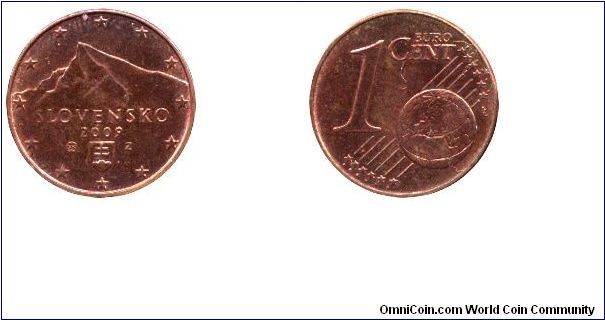 Slovakia, 1 cent, 2009, Cu-Steel, 16.25mm, 2.3g, Peak Krivan, in the High Tatras.                                                                                                                                                                                                                                                                                                                                                                                                                                   